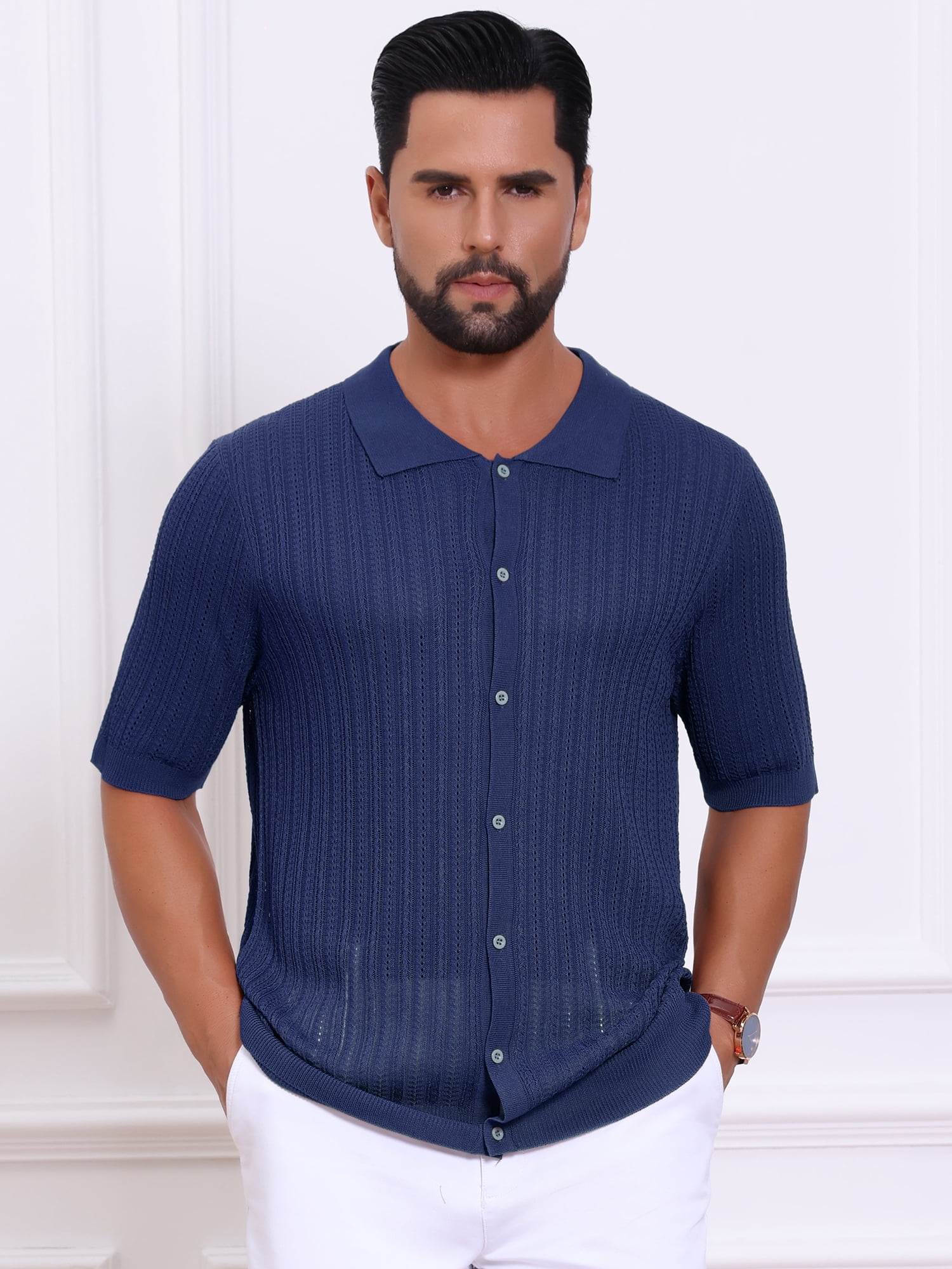 DARING DIVA Men's Striped Summer Short Sleeve Knitted See Through Shirts S Dark Blue