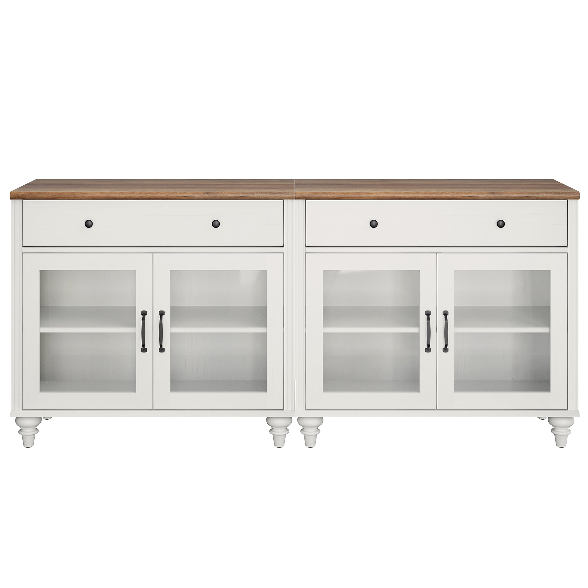 68" White Glass Door Buffet Cabinet with Drawer, Farmhouse Sideboard with Storage