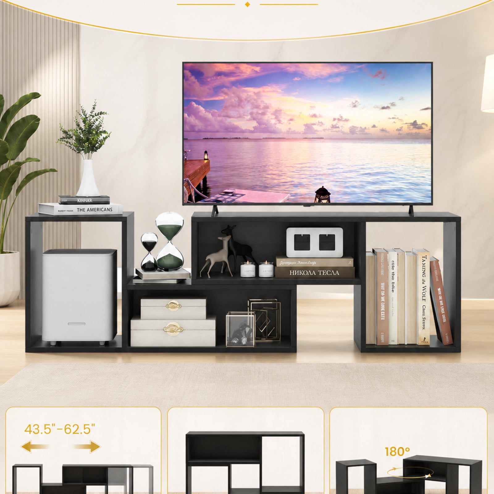 Furnibear 2 Pieces Adjustable TV Stand for TVs up to 55 Inch with Storage Cubes for Living Room Bedroom Media Console Entertainment Center, Black
