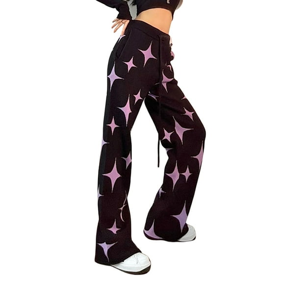 Seyurigaoka Star Print Pants for Women High Waist Trousers with Pockets 2000s Straight Pants Grunge Hip-pop Sweatpants Streetwear