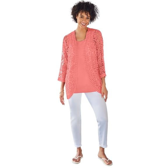 Woman Within Plus Size Crochet Curved-Hem Cardigan Sweater