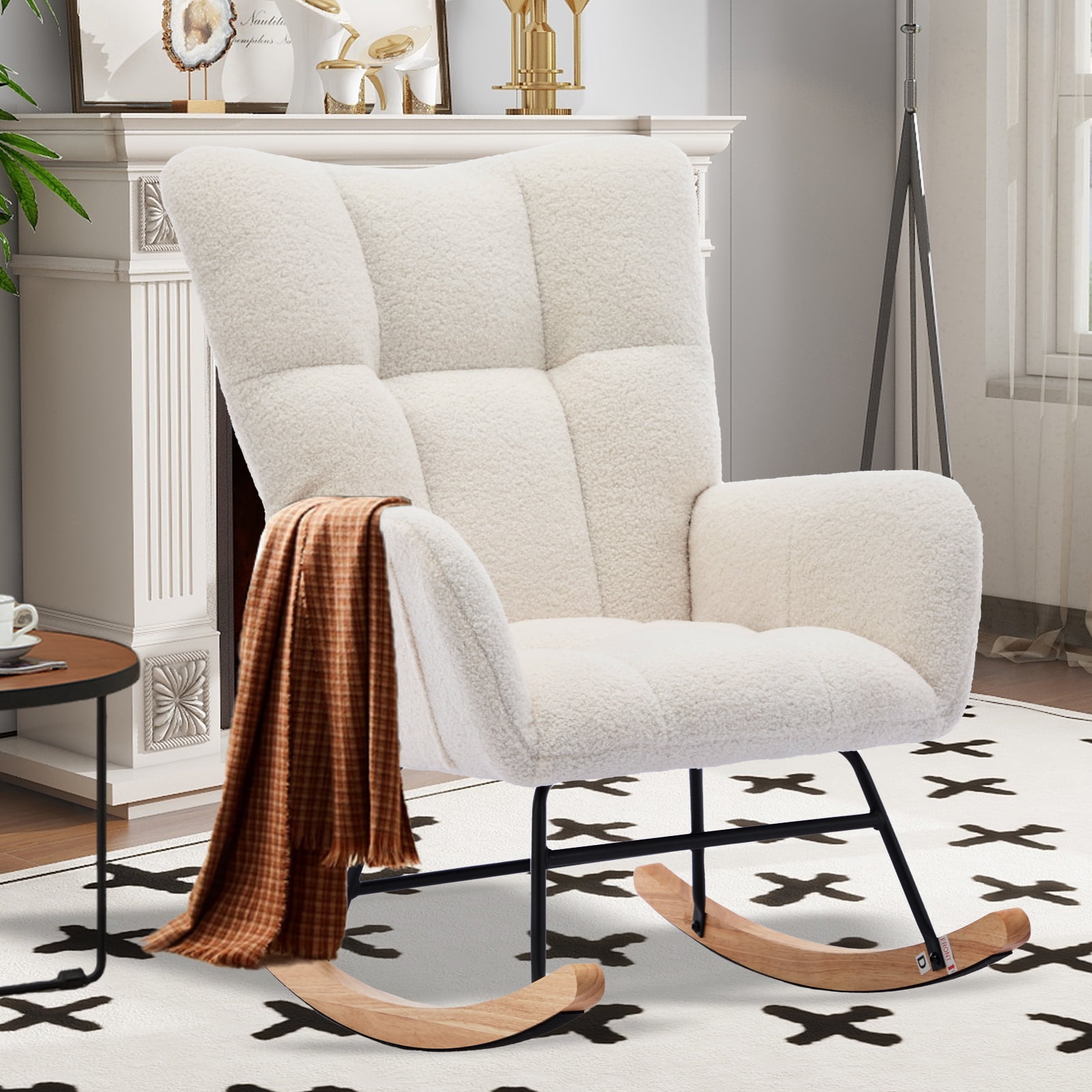 SENCHO GINSYTALIOR Nursery Rocking Chair Teddy Upholstered Glider Rocker,Rocking Accent Chair Padded Seat with High Backrest ,Solid Wood Legs for Nursery Bedroom Living Room