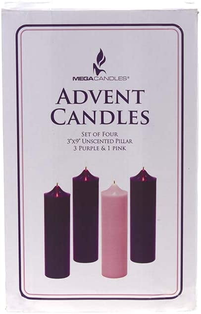 Mega Candles 4 pcs Unscented Christmas Advent Bell Top Pillar Candles, Hand Poured Wax Candles 3 Inch x 9 Inch, Holidays, Church, Decorations, Devotional, Celebration, Party & More