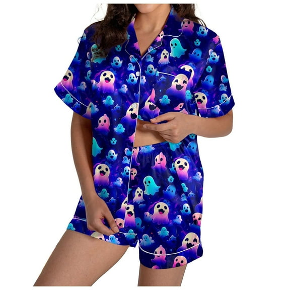 felwors Halloween Pajamas Women Sets 2Pc Silk Satin Ghost Graphic Cute Sleepwear Button Up Short Sleeve Shirts Lounge Shorts Pjs Blue, XXL