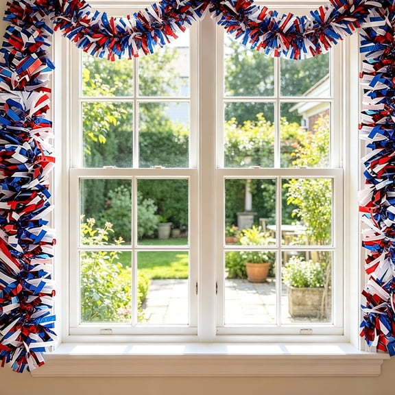 2 Pcs Patriotic Tinsel Garland, Red White Blue Metallic Foil Glitter Star Garland, Glitter Tinsel Patriotic Decor Anniversary 4th of July Decorations for Parade Golf Cart Car Table Party