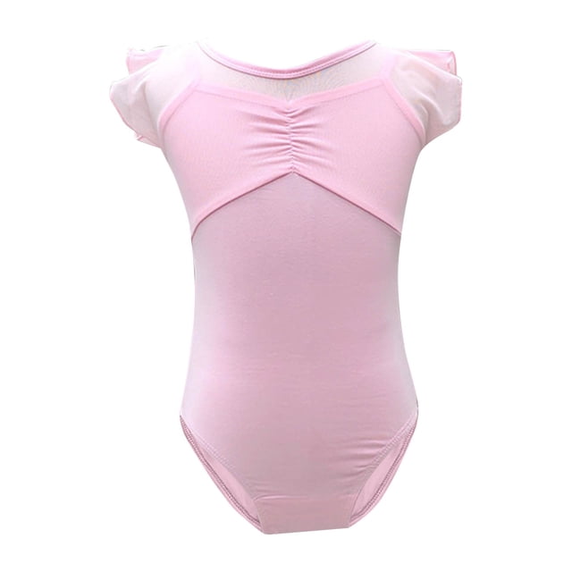 Dance Suit for Girls, Short Sleeve Round Neck Mesh Practice Jumpsuit in Solid Color, Breathable Polyester-Spandex Blend, Lightweight for Ballet Training and Daily Wear