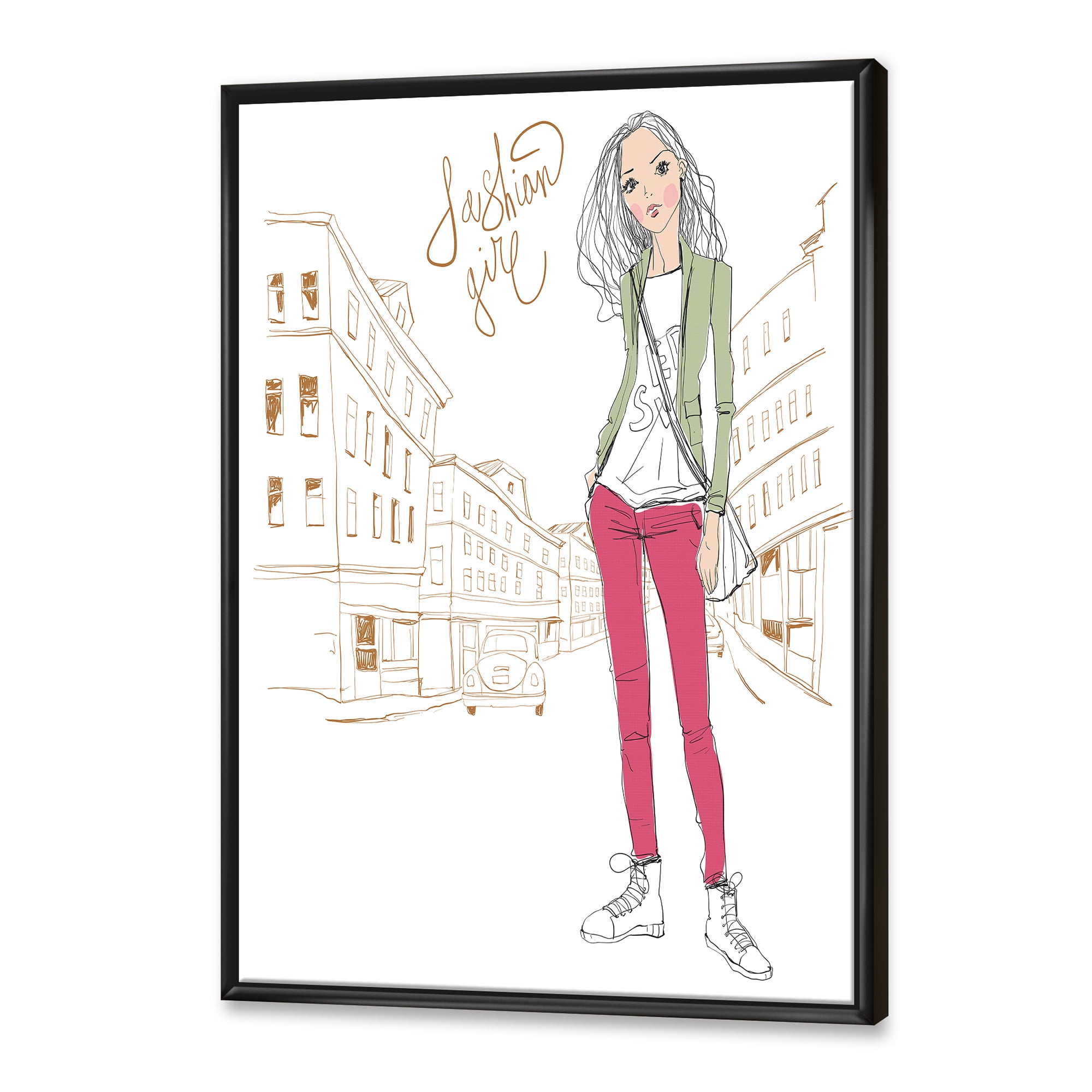 Trendy Fashion Woman II 16 in x 32 in Framed Painting Canvas Art Print, by Designart