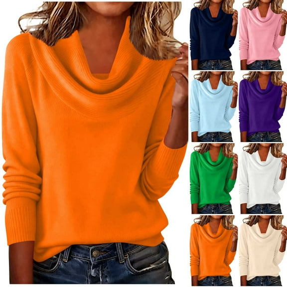 Wlynlyn Womens Sweaters Cowl Neck Loose Fitted Lightweight Solid Color Long Sleeve Knit Pullover Tops