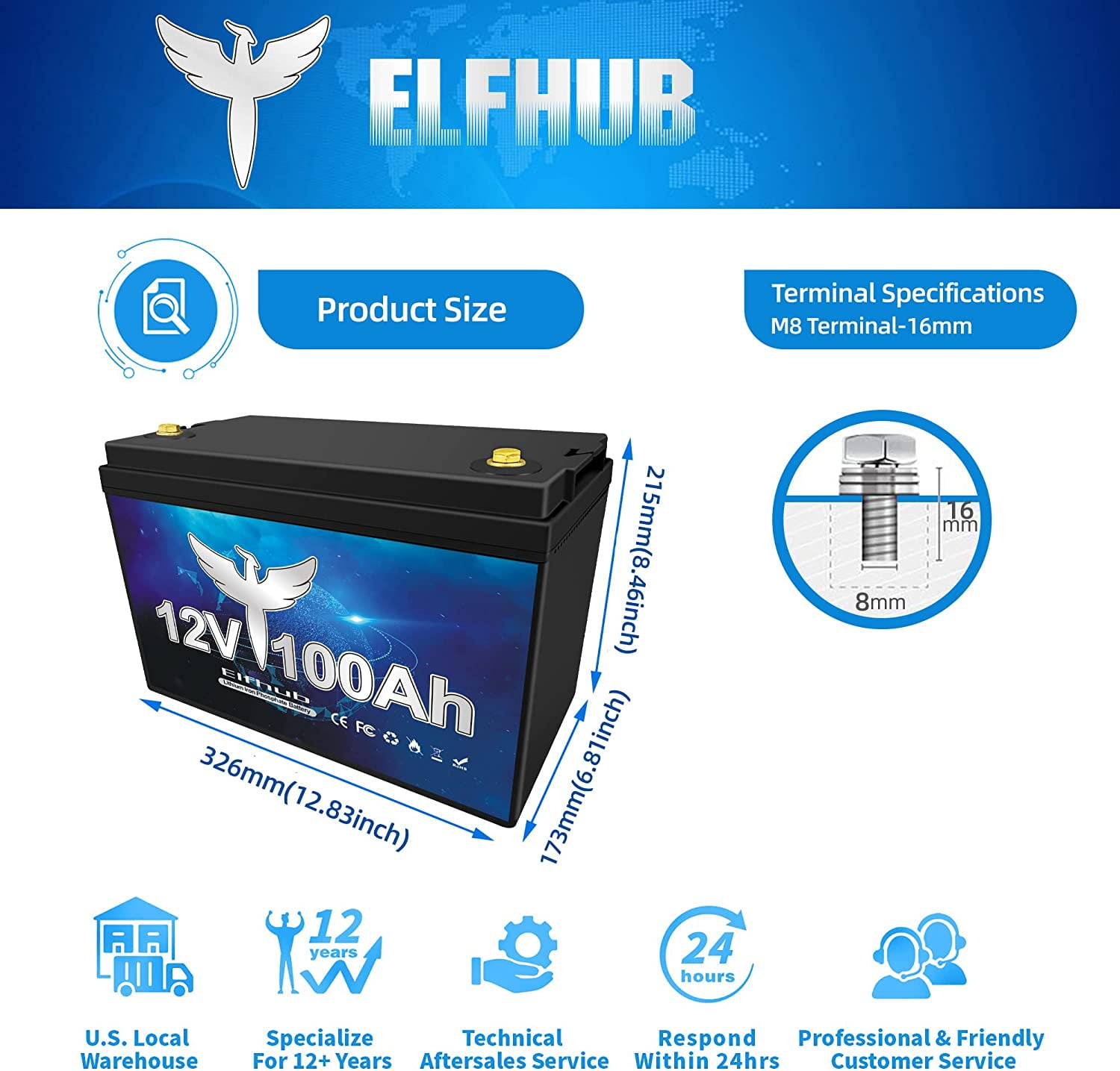 Elfhub 12V 100Ah LiFePO4 Battery with 100A BMS 5000+ Cycles for Camper RV,Support 4S/8P