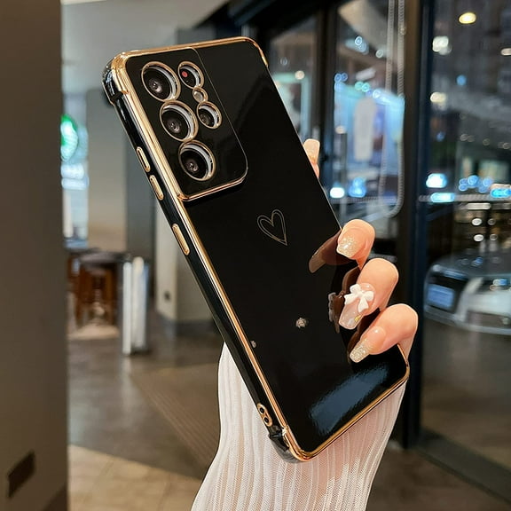 Designed for Samsung Galaxy S21 Ultra 5G Case,Cute Plating Edge Love Hearts Pattern with Camera Lens Protection Phone Cover for Girls Women,Black