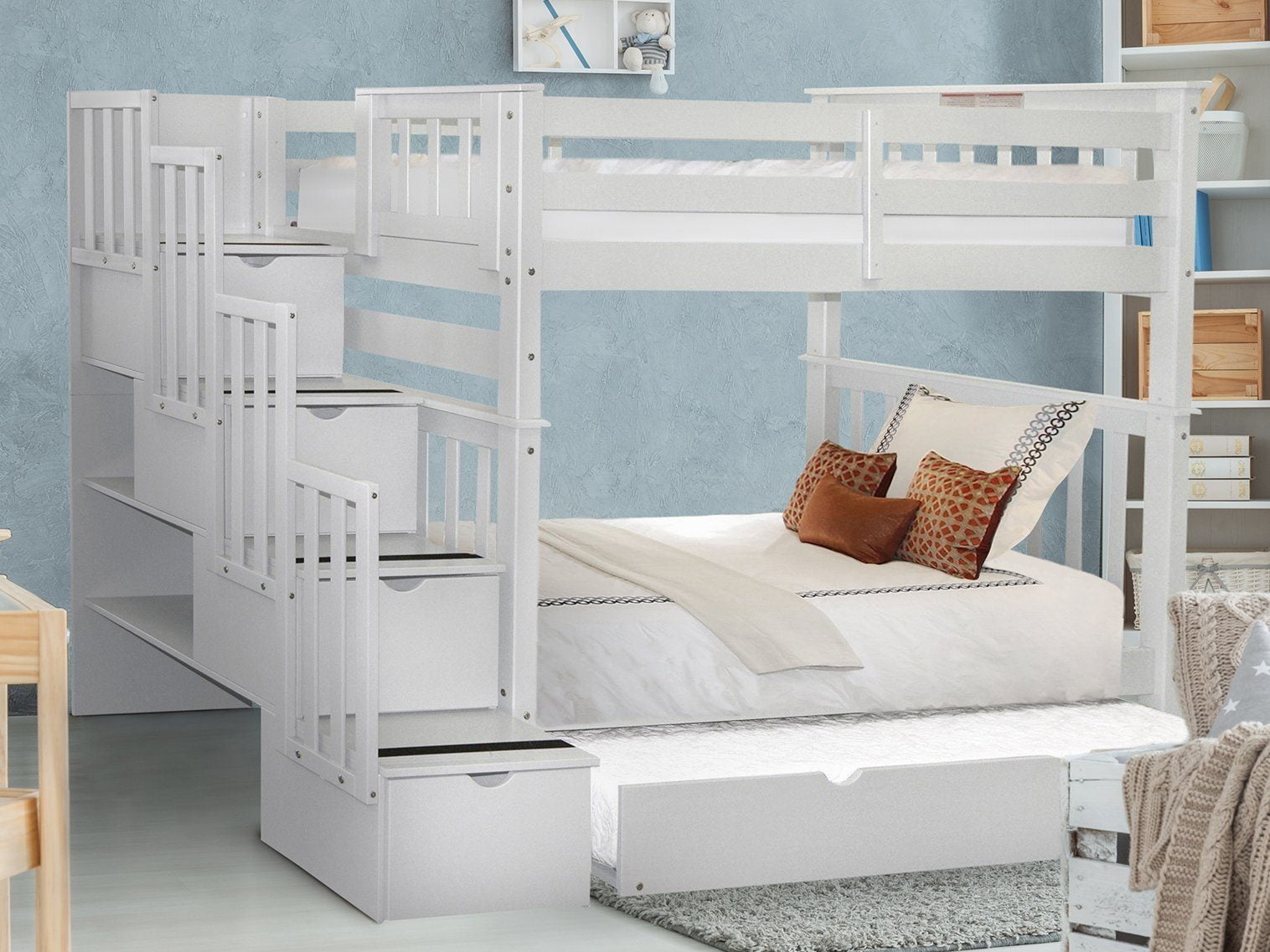 Bedz King Tall Stairway Bunk Beds Twin over Twin with 4 Drawers in the