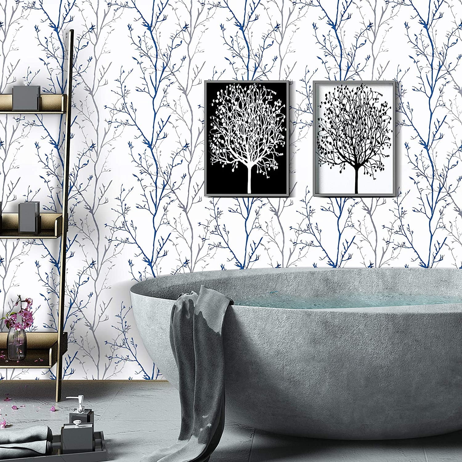 DAZLUTE Gray Blue, Branches Peel and Stick Wallpaper 17.71" x 1181"
