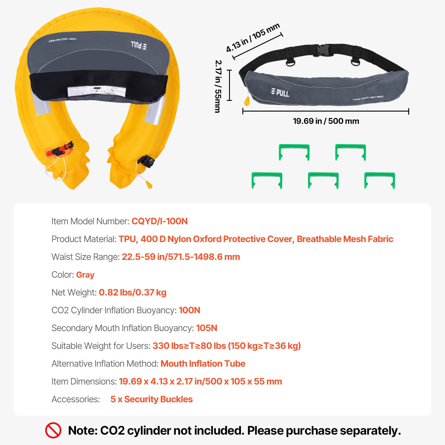 KFFKFF Adult's Manual Inflation Belt Pack, 105N Buoyancy, Suitable for Over 80 Pounds and Waist Sizes Up to 59 inches, Adjustable, Inflatable PFD Waist for SUP Paddleboarding and Kayaking