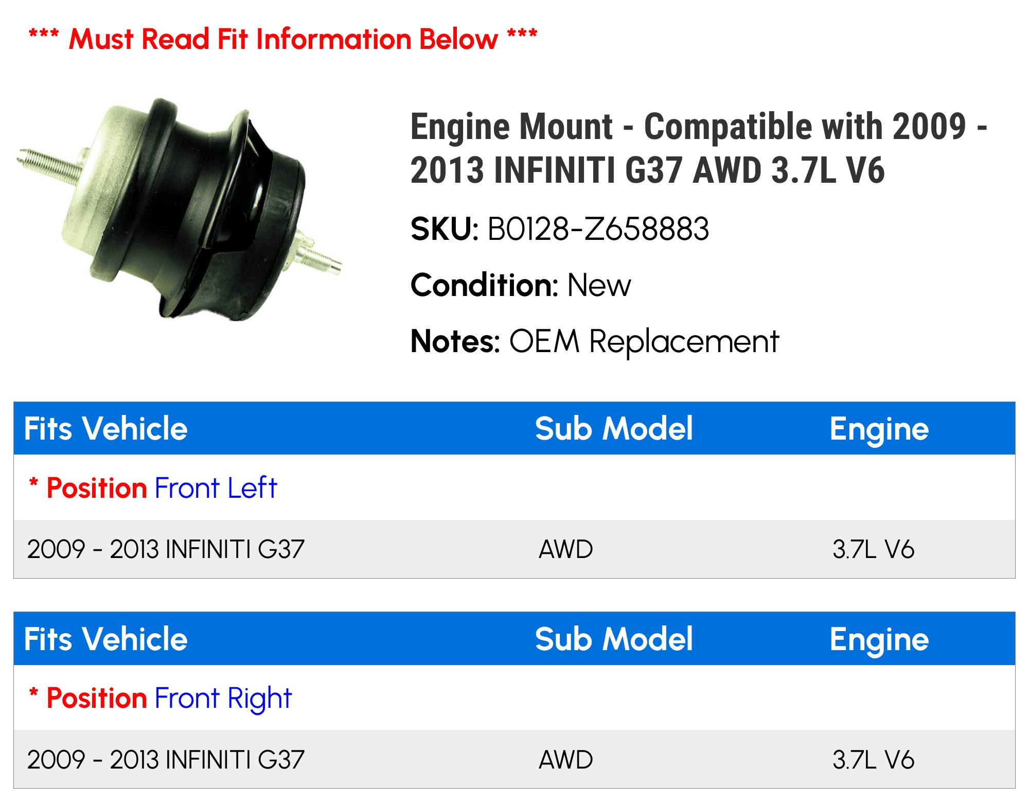 Engine Mount - Compatible with 2009 - 2013 INFINITI G37 AWD 3.7L V6 2010 2011 2012