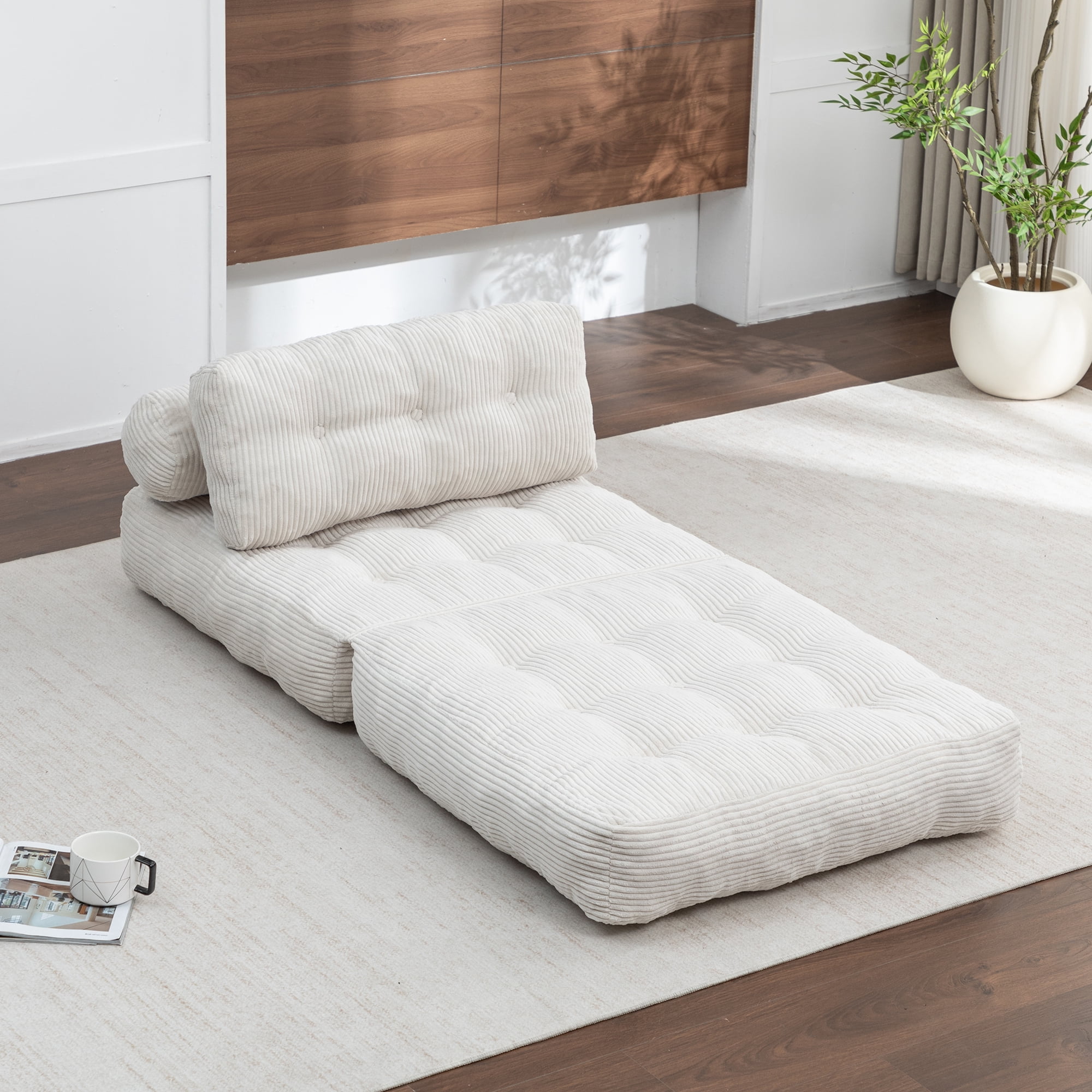 Foldable Floor Couch Converts to Bed, Portable Folding Sofa Bed with Lumbar Support Pillow for Apartments and Guest Room, Beige Corduroy