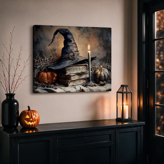 Halloween Canvas Wall Art, Ghost Witch Black Cat Pumpkin Gothic Wall Decor