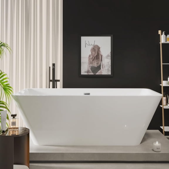 Senfot 66 Inch Acrylic Freestanding Bathtub Modern Deep Soaking Tub with Matte Drain Black Overflow Double-Walled Heat Insulation Ergonomic White 66 Inch