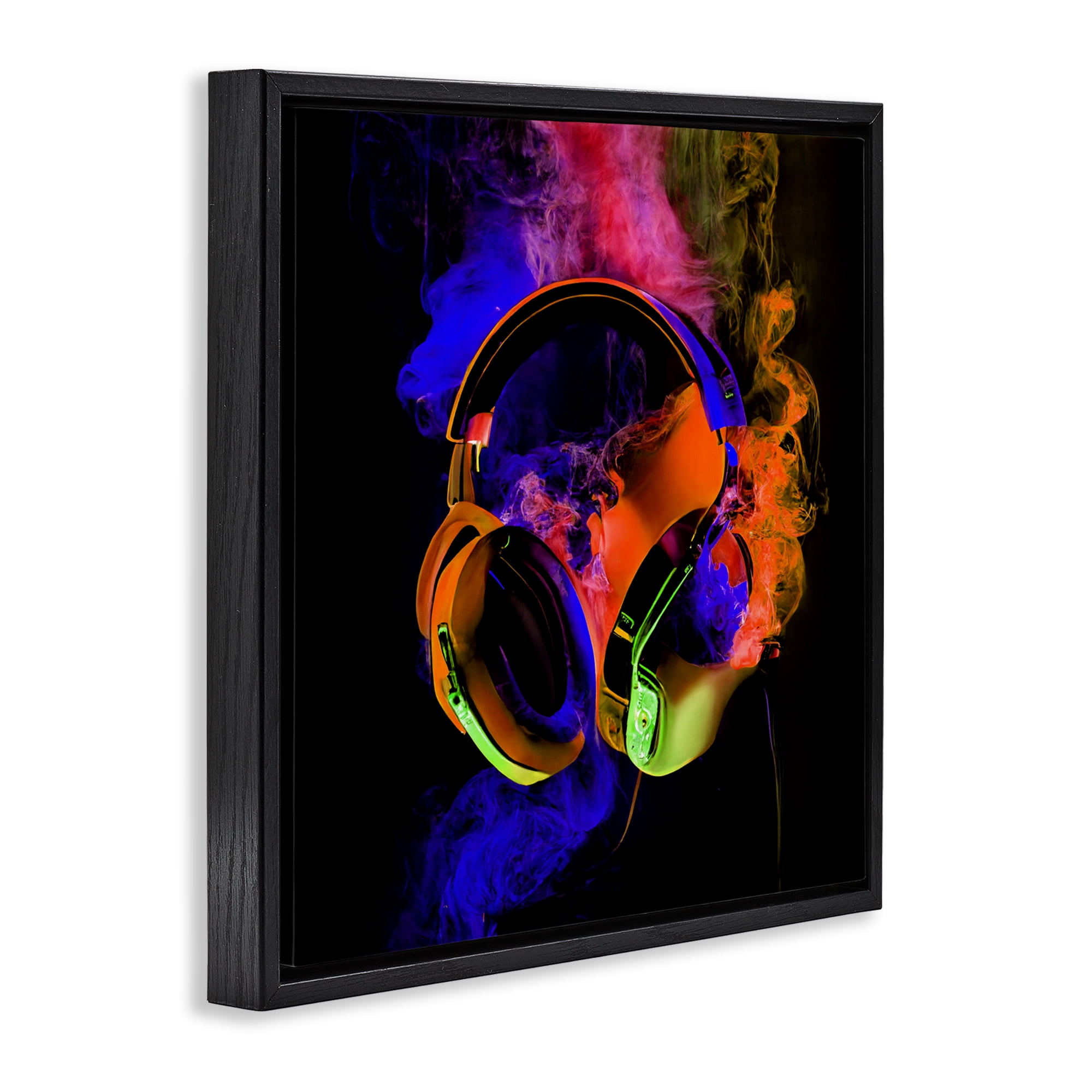 Power Play Headphones Black Framed Floater Canvas Wall Art, design by Sasha