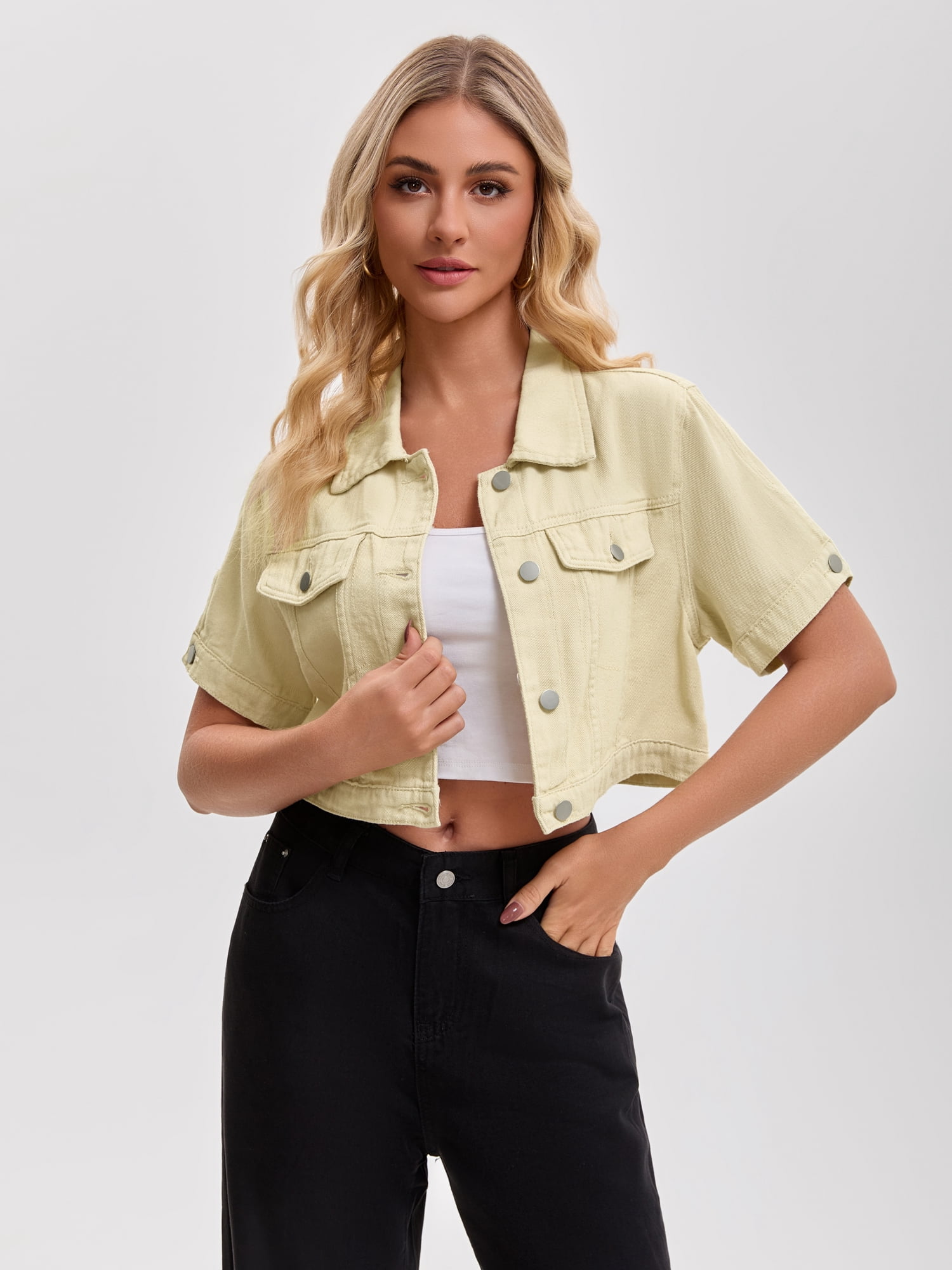 DARING DIVA Women's Short Sleeve Denim Rendy Casual Cropped Jean Jacket S Apricot