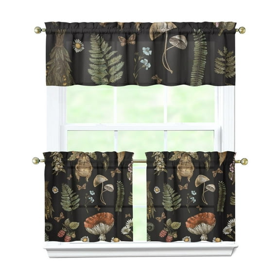Fall Mushroom Kitchen Curtains 3pcs Set 27.5x24in, Polyester Botanical Tier and Valance Panels, Rustic Woodland Window Drapes for Seasonal Holiday Bathroom or Cafe