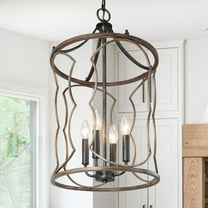 LNC 4-Light Farmhouse Cage Chandelier,LED Kitchen Island Light,Brushed Black&Natural Wood