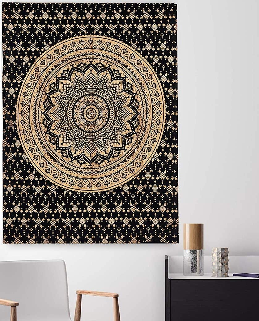 Popular Handicrafts Hippie Mandala Tapestry Wall Hanging Indian Passion Ombre Maditation Black Gold Gypsy Bohemian Hippy Psychedelic Dorm Room Decor Poster 30 x 40 Inch