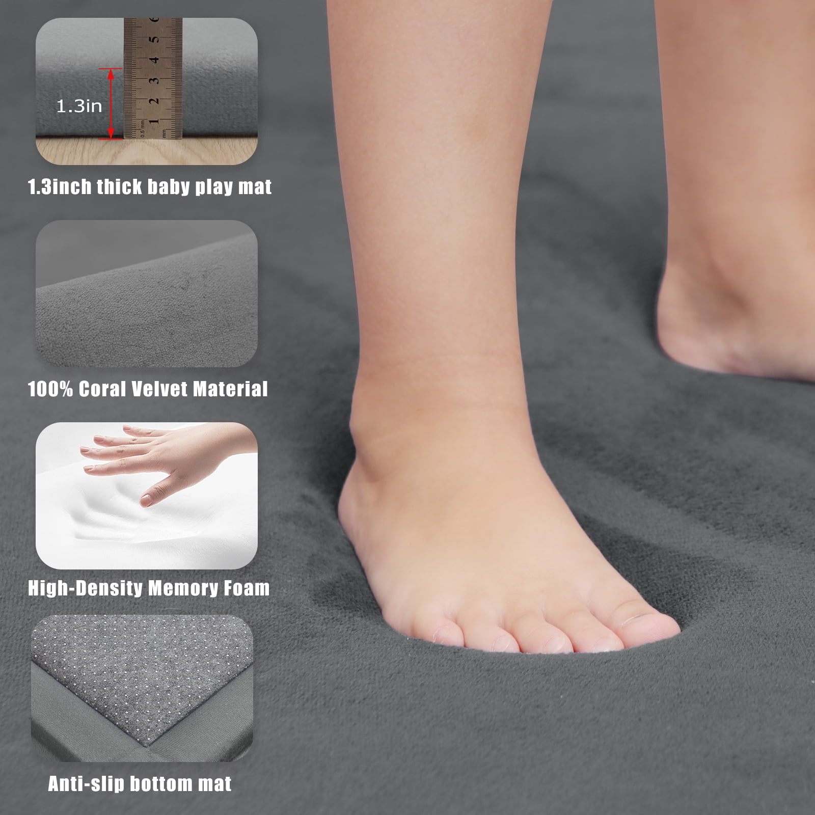 Baby Play Mat for Floor,1.2" Thick Memory foam Tummy Time Mat,Soft Coral Velvet Nursery Rug,Extra Large Non Slip Crawling Mat for Toddlers,Infants,Tatami Mat for Living Room(Dark Grey,118"X79")