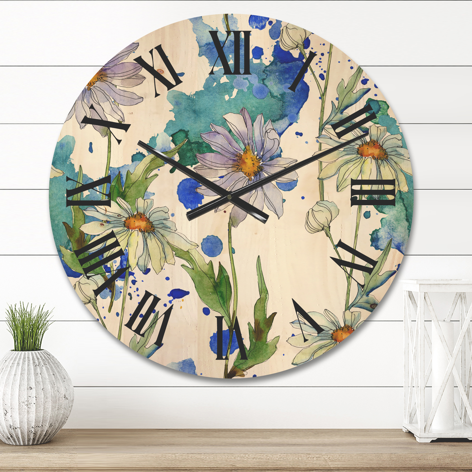 Designart 'Daisies With Green Leaves and Background' Traditional Wood Wall Clock