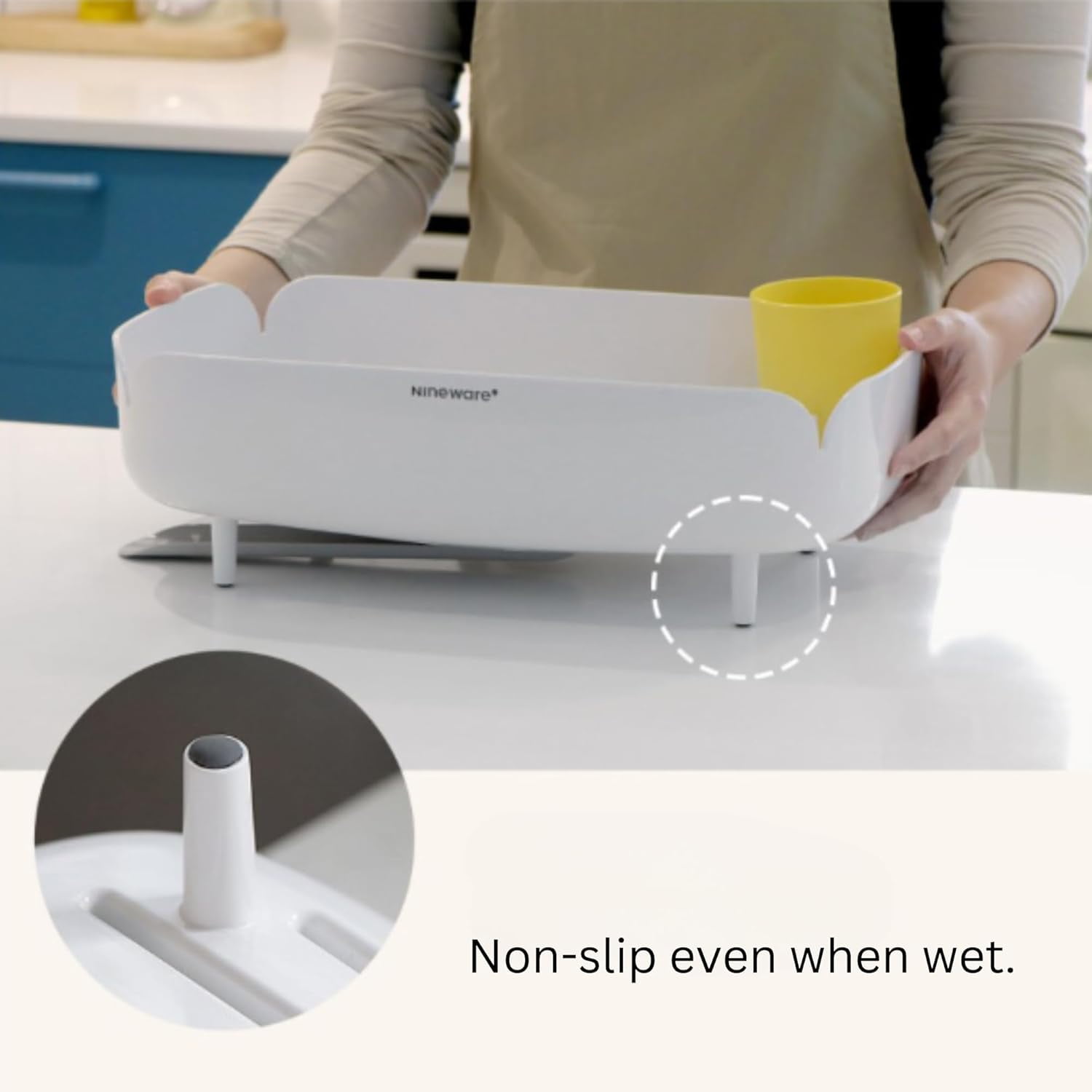 Nineware Sleek Dish Drying Rack with Spoon Holder, Compact Dish Drainer, Stylish Countertop Organizer with Drainage Spout for Small Kitchens & Apartments, Made in Korea (Cream White)