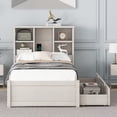 thumbnail image 2 of Twin Size Bed Frame with Built-in USB Port on Bookcase Headboard and 2 Drawers, Solid Wood Platform Bed with Storage Headboard for Boys/Girls/TeensBedroom, No Box Spring Needed, White Washed, 2 of 7