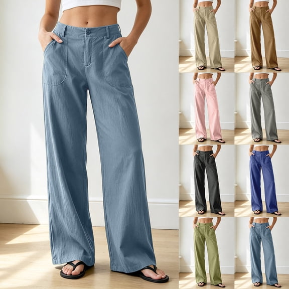 MuXiKeJi Clothes Cotton Linen Pants Women Petite High Waisted Wide Leg Trousers Summer Dressy Casual Work Slacks with Pockets