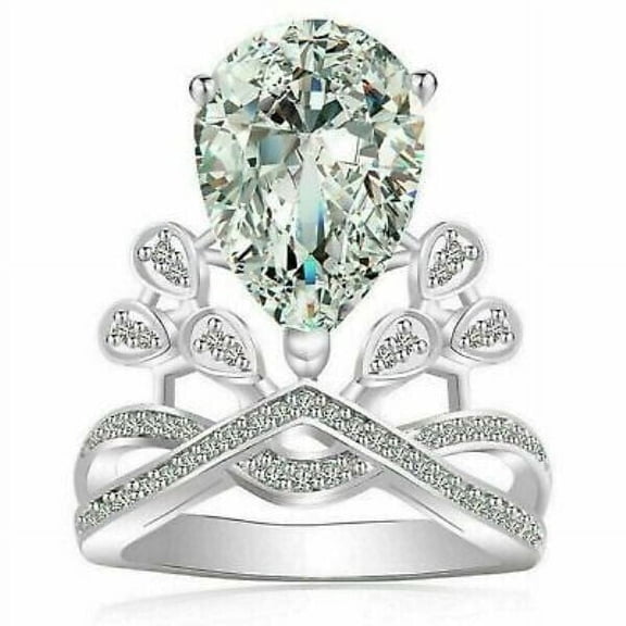 Women's Teardrop Wedding Ring, Pear Cut Cluster Diamond Engagement Ring, Crown Style Diamond Ring, Criss Cross Split Shank Diamond Ring, 925 Sterling Silver, 2.5 Ct Simulated Diamond