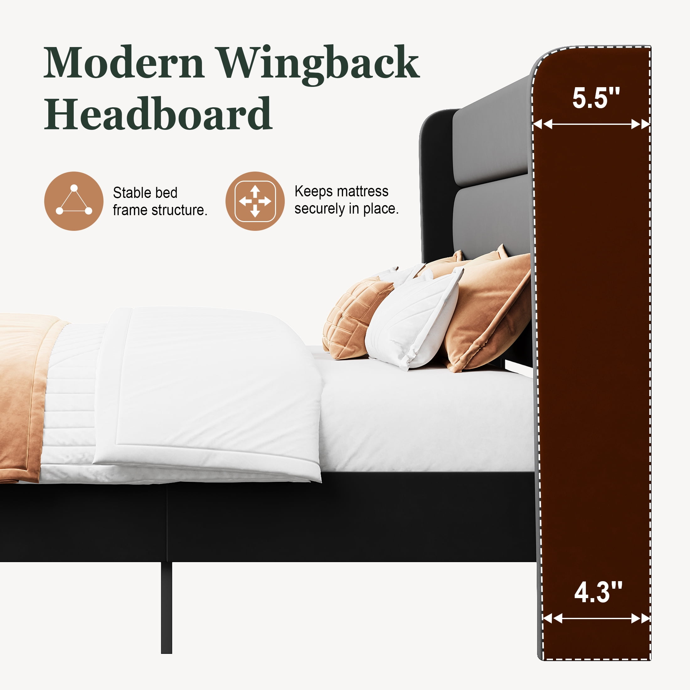 Amolife Full Size Platform Bed Frame with Velvet Upholstered Wingback Headboard, No Box Spring Needed, Black
