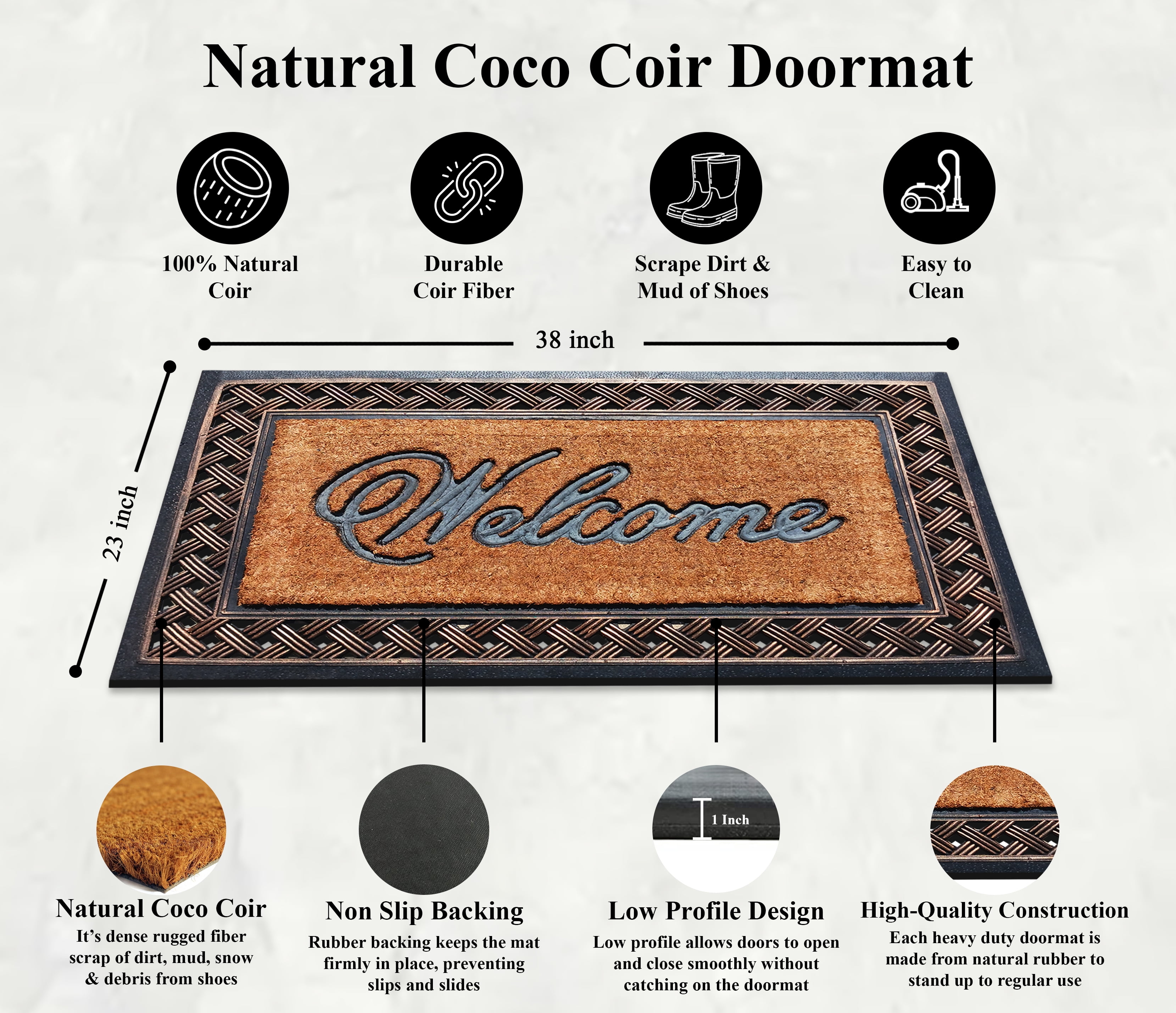 A1 Home Collections 38"×23" Natural Coir & Rubber Doormat - Decorative Welcome Design, Heavy Duty Coconut Fiber Entry Mat with Non-Slip Backing - Anti-Shed Treated, Low Profile Outdoor Front Door Mat