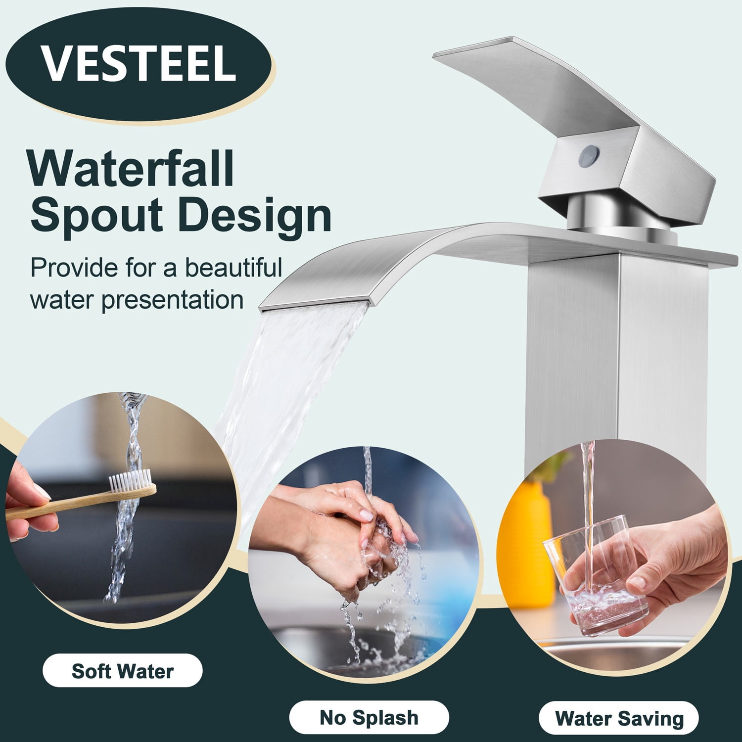 Vesteel Bathroom Faucet, 18/10 Stainless Steel Single Handle Waterfall Spout Bathroom Sink Faucet with Deck Plate and Pop Up Drain