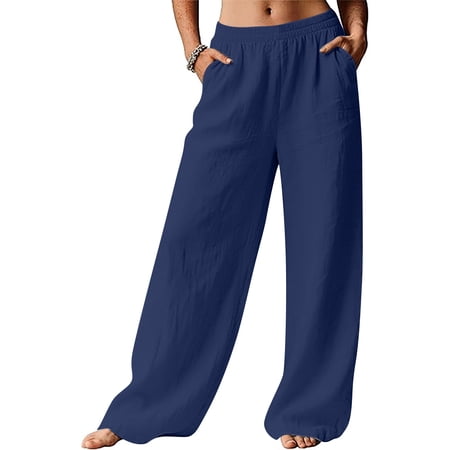 Women s Cotton Linen Pants High Waisted Wide Leg Trousers Elastic Waist Casual Pants Breathable Summer Pants for Loungewear Yoga and Daily Wear-Navy