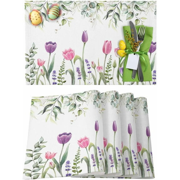Easter Placemats Set of 4, Tulip Flowers Spring Floral Placemat for Dining Table Decorations, Eucalyptus Leaves Place Mats, Spring Table Mats for Kitchen Dinner Seasonal Holiday Party Decor