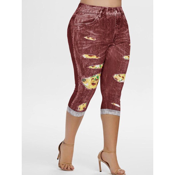 3D girasol talle alto más el tamaño de Capri Jeggings Rosegal Leggings de talla grande
