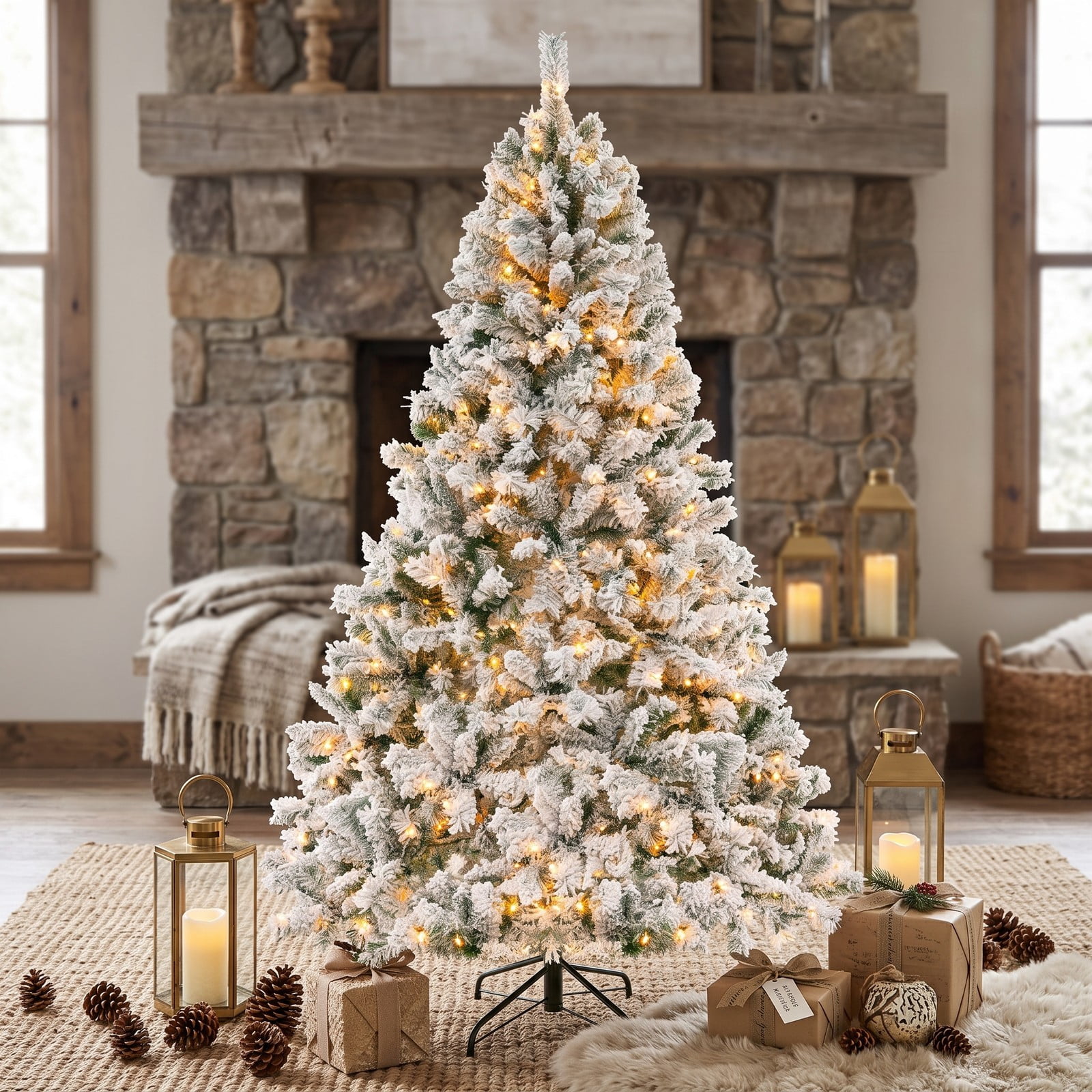 RUIE 7 FT Artificial Christmas Tree with 450 Warm White LED Lights, 3-Minute Quick Shape PVC Flocked Xmas Tree with Metal Stand for Holiday Home Office, Green & White
