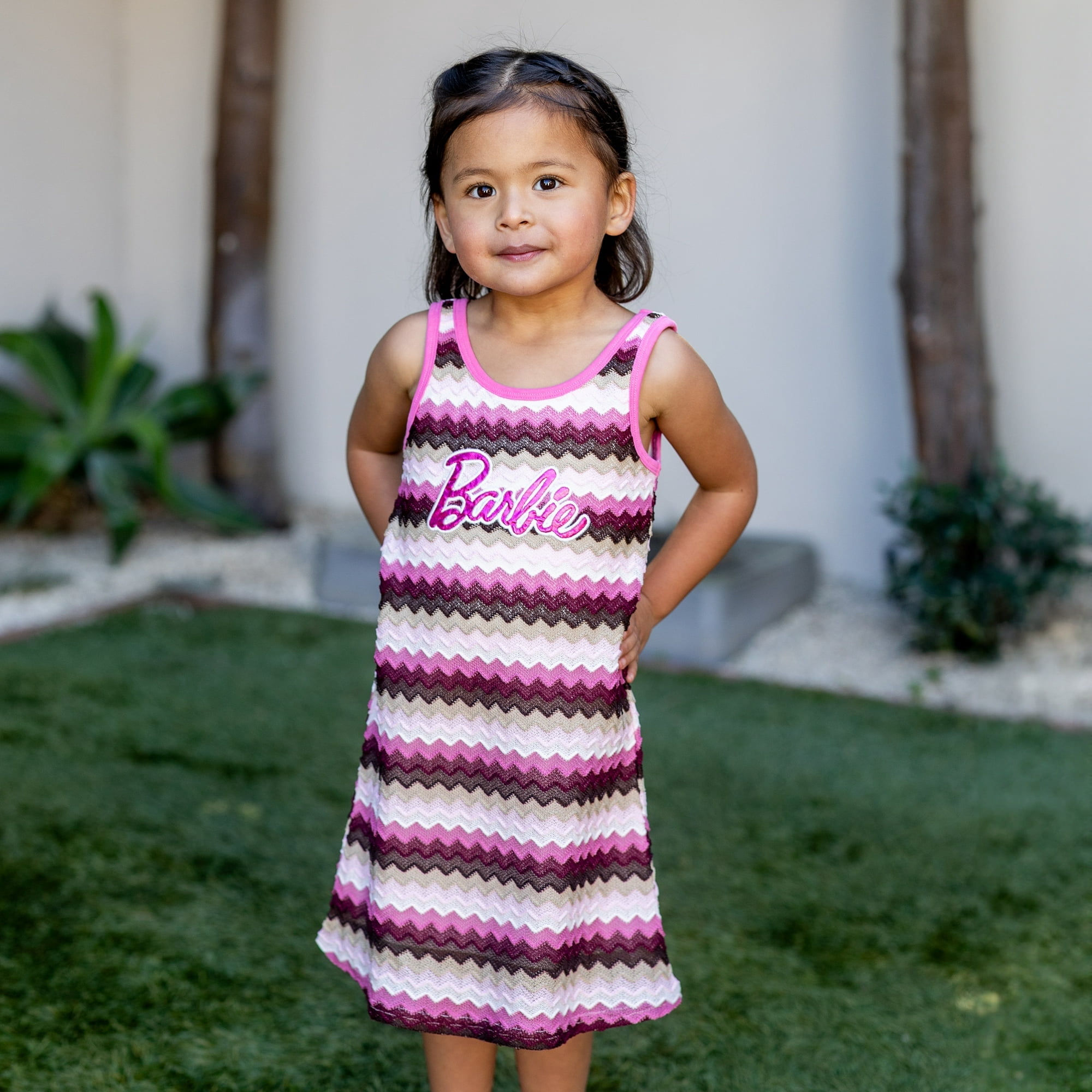 Barbie Girls Dresses Hot Pink Striped Letter Print Sleeveless A Line Sundress Sizes 8-9 Years