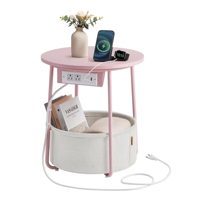 Mesa auxiliar VASAGLE redonda con estación de carga Jelly Pink