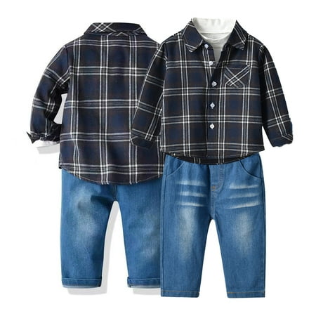 

Esaierr Baby Boys Plaid Shirt Jacket Clothes Outfit 3PCS Comfortable Cotton T-Shirt Blouse Shirt Jeans Casual Set for Toddler Kids 12 Months -7 Years