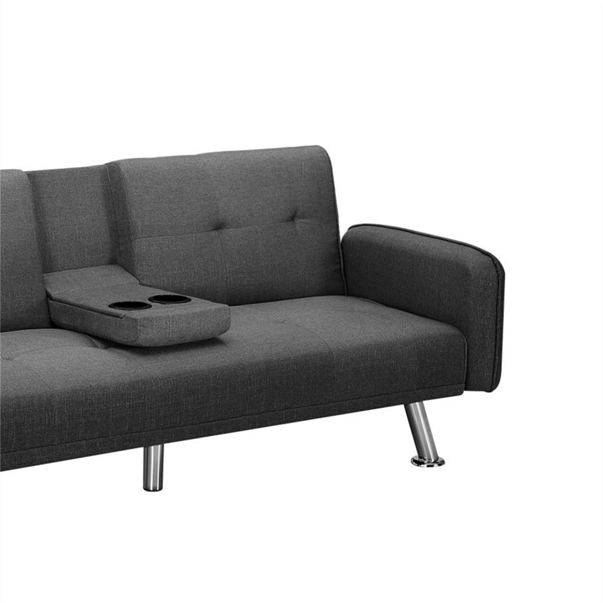 Aukfa 75" Square Arm Futon Convertible Sofa Bed for Home Office, 2 Cup Holders, Linen, Dark Gray