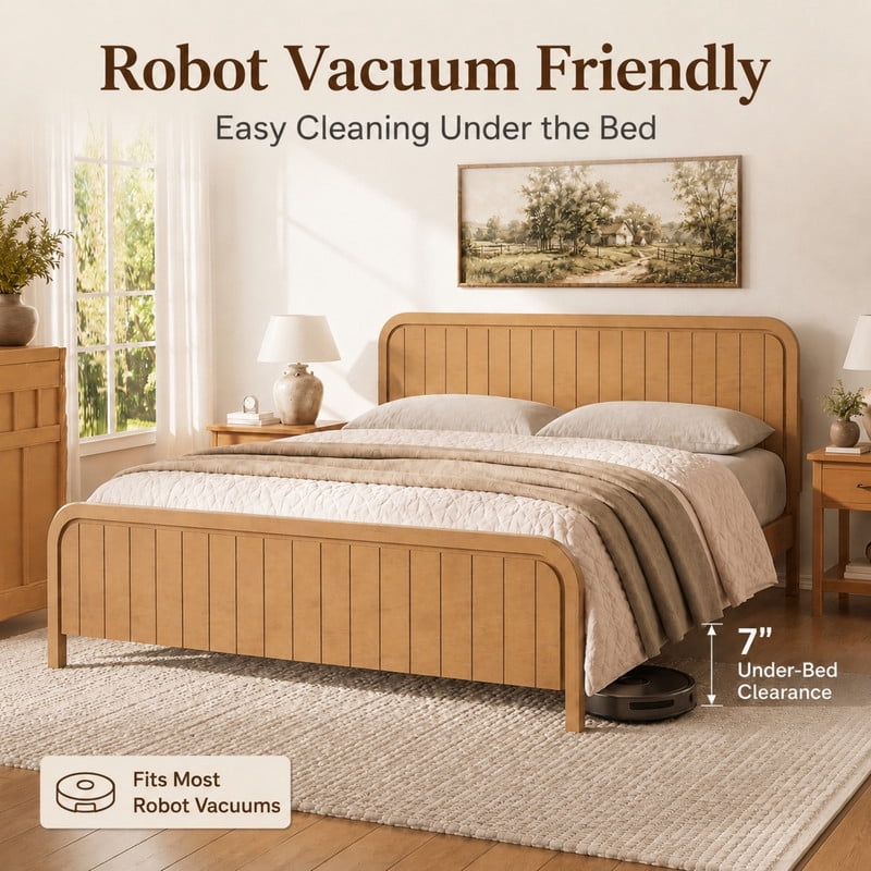King Size Low Profile Bed Frame with Striped Headboard & Footboard, Wood Platform Bed with Slats Support & 7'' Under-Bed Space