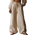 thumbnail image 2 of Women's Cotton Linen Pants, Elastic Waist Wide Leg Trousers with Pockets, Soft Quick-Dry Casual Beach Vacation Pants, Comfortable Streetwear Wide Leg Trousers for Women Beige L, 2 of 4