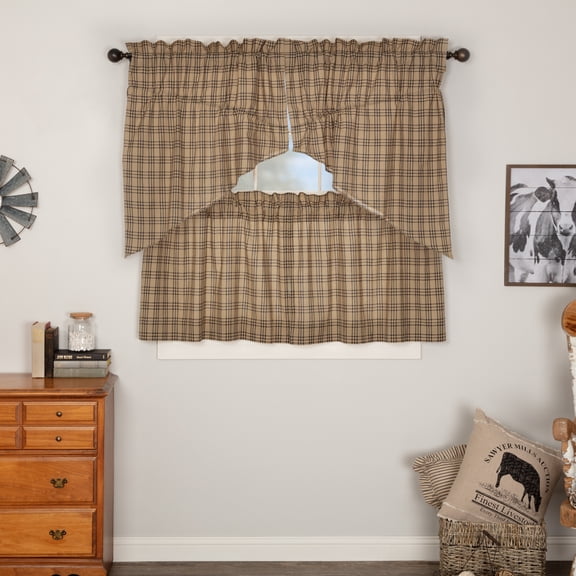 VHC Brands Sawyer Mill Charcoal 4 PC Plaid Curtain Set (2 Prairie Swag 36x18 and 2 Tier 24x36)