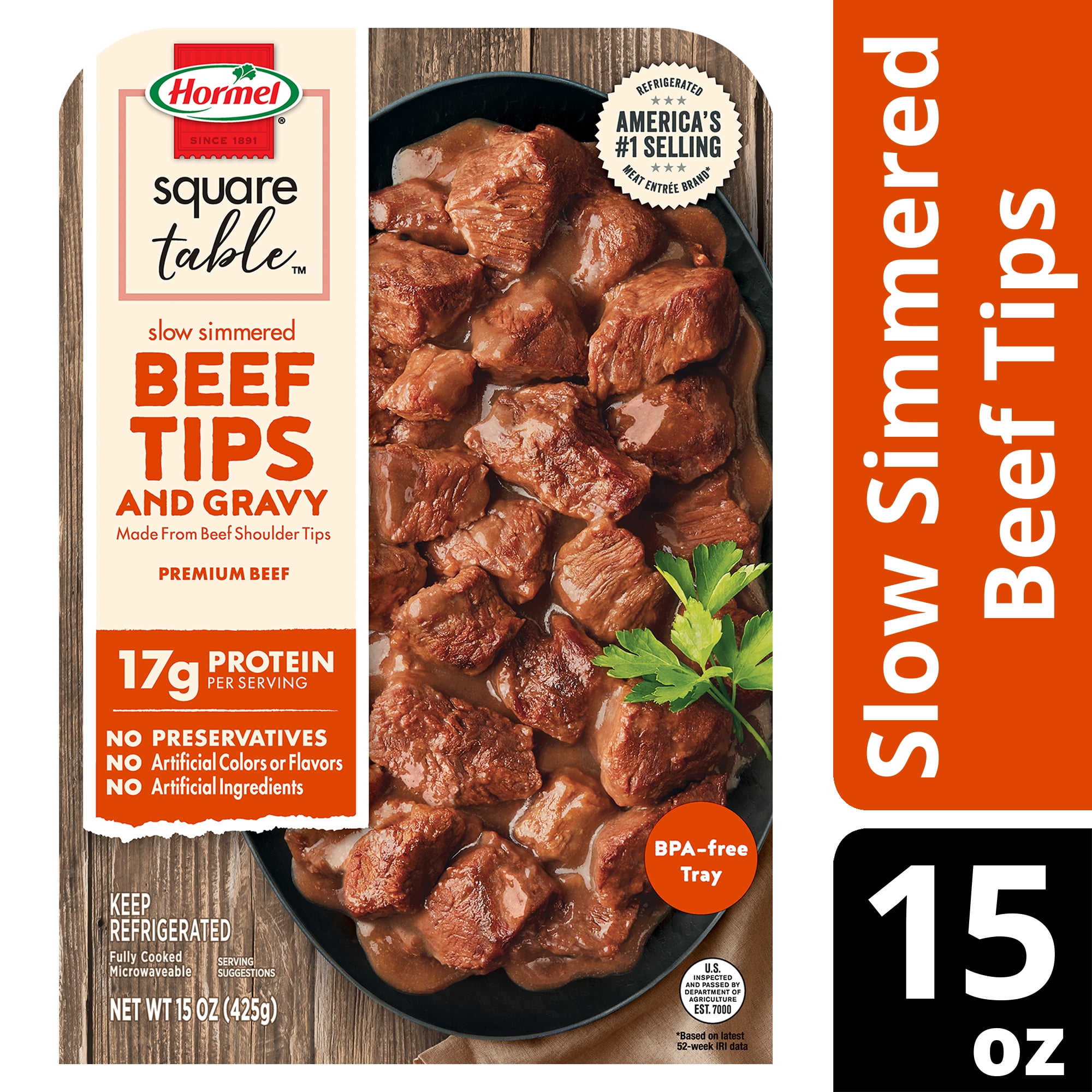 Hormel Square Table Slow Simmered Beef Tips & Gravy Refrigerated Entre, 15 oz Tray
