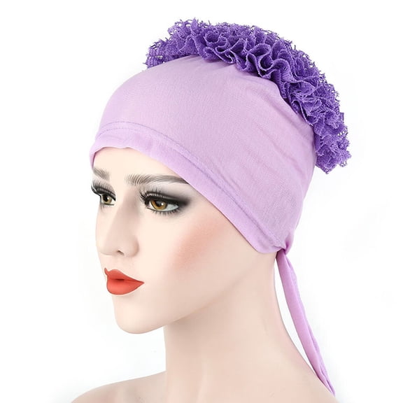 Women Solid Color Lace Floral Turban Hat Slouchy Adjustable Hair Head Wrap Cap