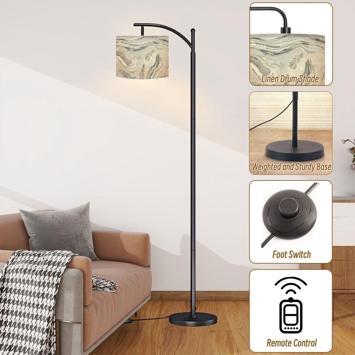 Arc Floor Lamps Hand watercolour silver glittery elements Modern LED Adjustable Lampshade Standing Light for Living Room Reading Bedroom Office