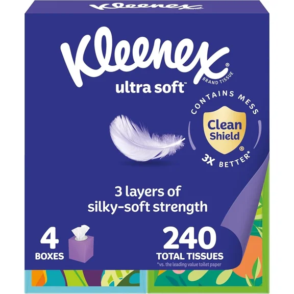 Kleenex Ultra Soft 3-Ply Facial Tissues – 4 Cubes, 240 Total Tissues